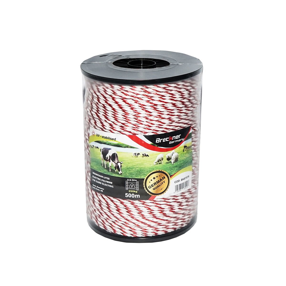 Rola fir alb-rosu fi 4mm 6x0.2mm SS, 0.9Ohm/m, 500m gard electric Breckner Germany